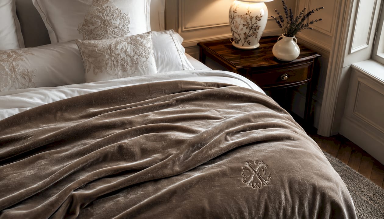 Un plaid beige parfaitement disposé apporte une touche élégante à ce lit contemporain.