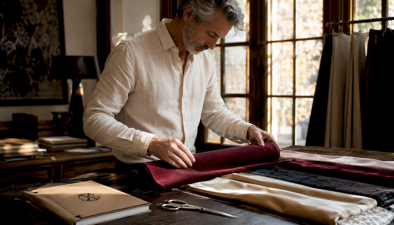 Un artisan en pleine sélection de tissus pour créer un dessus-de-lit