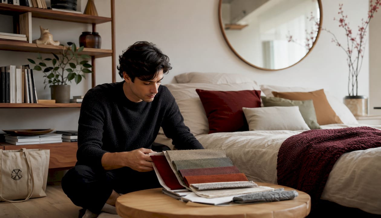 Un homme sélectionne avec soin des accessoires pour personnaliser sa literie.