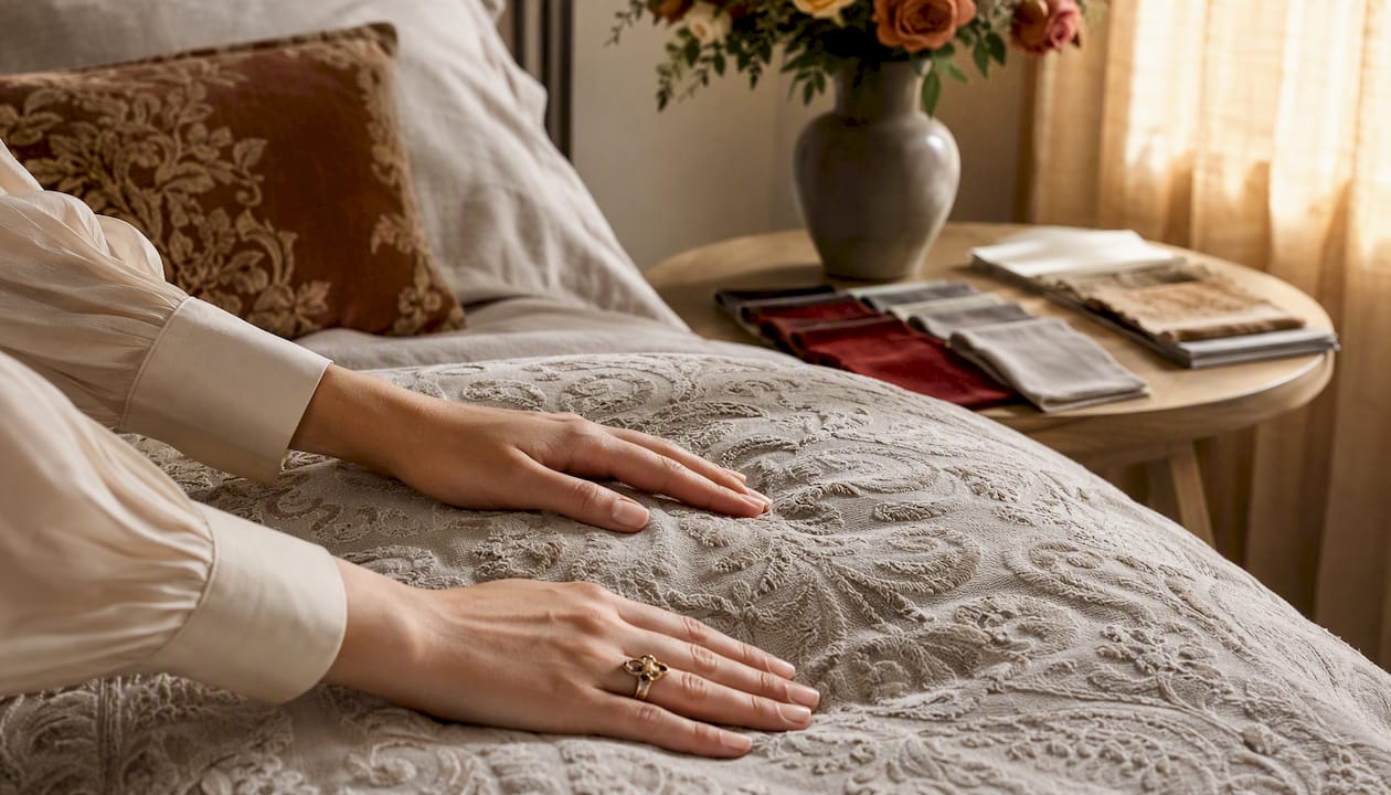 Zoom sur des mains qui effleurent le tissu texturé d’un dessus de lit