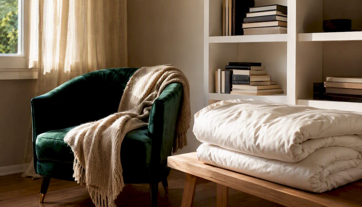 Dans la chambre, on joue sur l’accumulation de textiles en coton satin et en laine, superposés avec élégance pour créer une ambiance chaleureuse et raffinée.