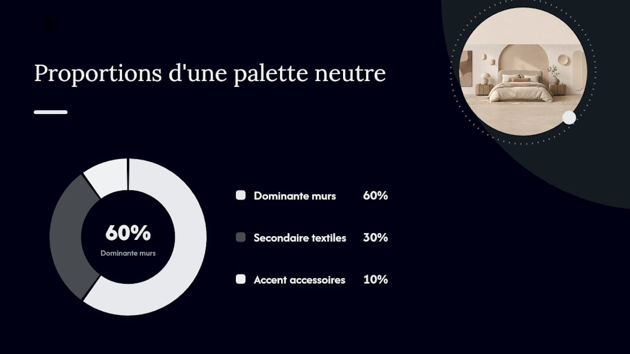 Schéma illustrant la répartition des couleurs 60/30/10 dans une palette neutre