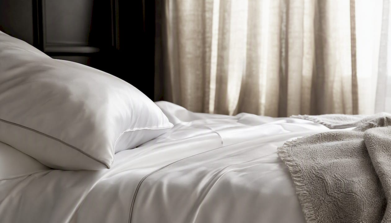 Zoom sur une parure de lit d’exception en satin de coton blanc, à la fois douce et élégante.