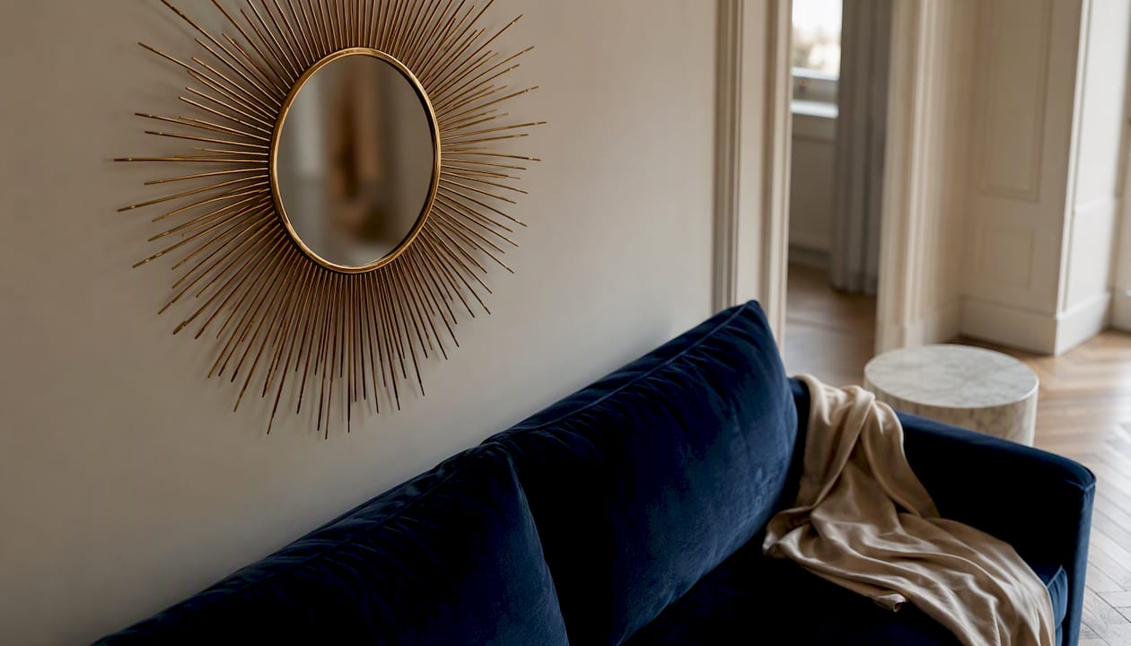 Misez sur un miroir soleil au-dessus du canapé pour donner du caractère à votre salon et créer un point d’accroche élégant.
