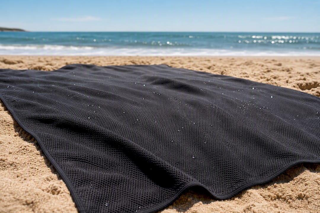 Serviette de plage légère en train de sécher sur le sable