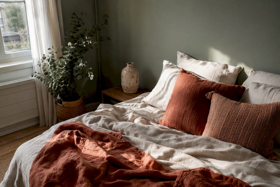 Ambiance de chambre aux tons vert sauge et terracotta doux