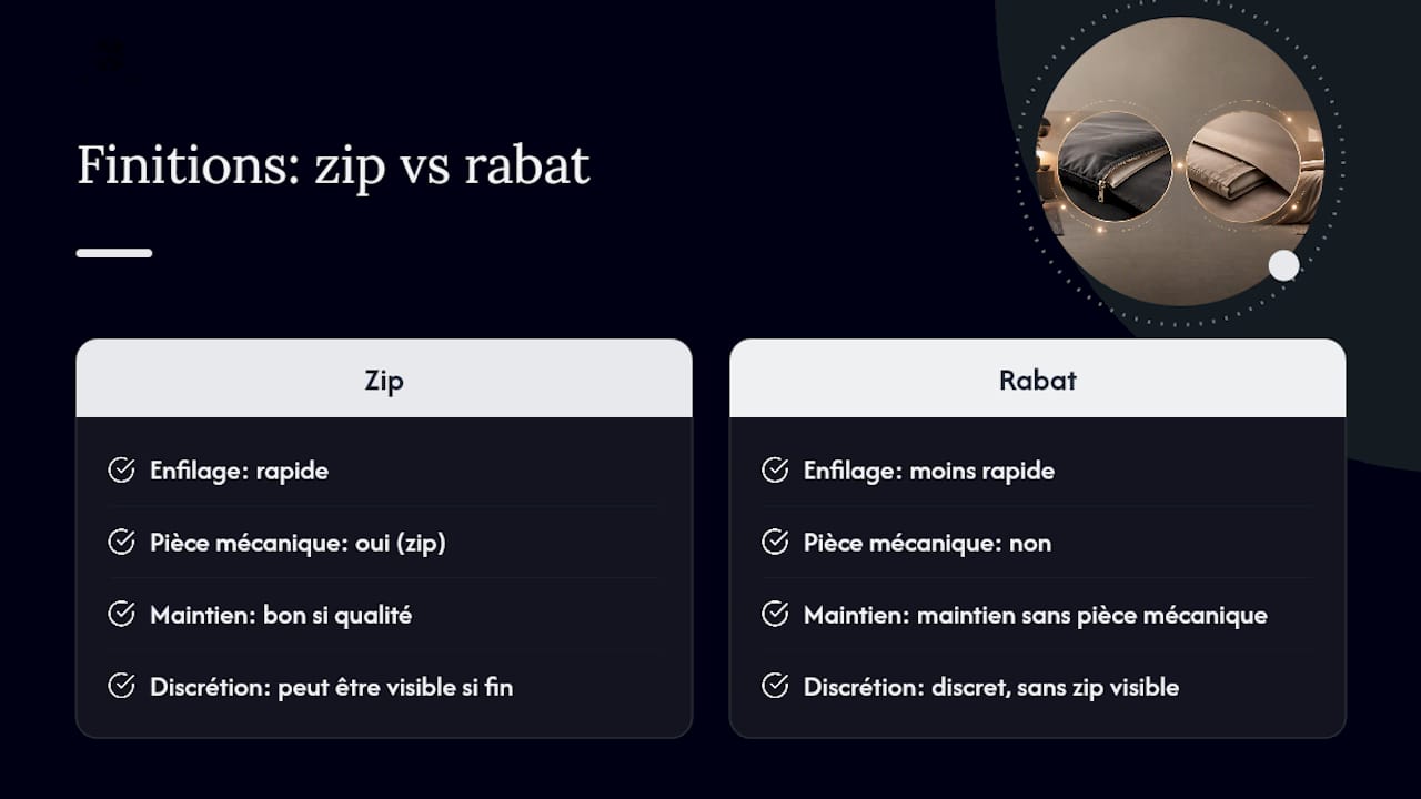 Comparaison entre fermeture éclair et rabat cheminée