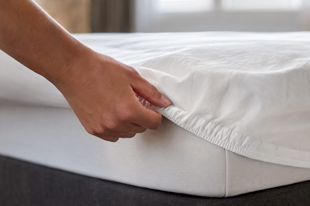 Main réglant l’élastique du drap-housse