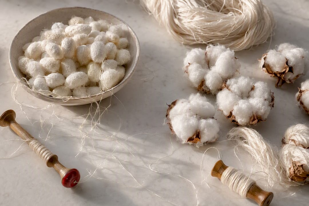 Cocon de soie et capsules de coton brut