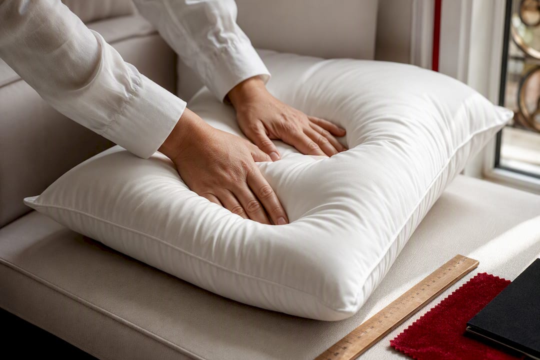 Mains vérifiant la capacité de récupération d’un coussin