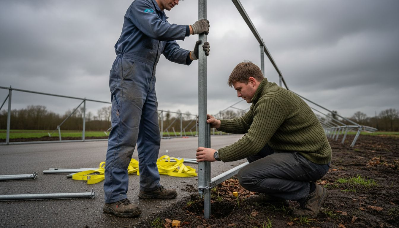 Weersbestendige tent opbouw: Stappenplan voor evenementen 2 Plaatsen van het tentframe, met speciale aandacht voor het goed vastzetten van de ankers.