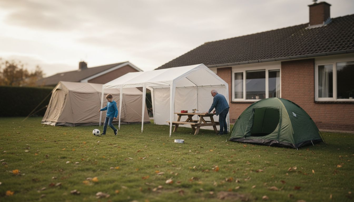 Snelle levering van tenten: Impact op tuinfeesten 1 In de tuin staan verschillende tentjes opgezet.