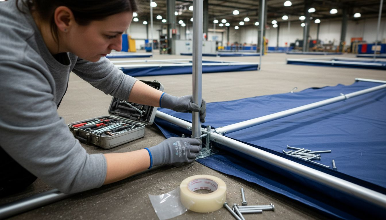 Vouwtenten voor Bedrijven: Flexibiliteit bij Elk Event 1 Een vrouw bekijkt aandachtig de materialen van de partytent tijdens het opzetten.