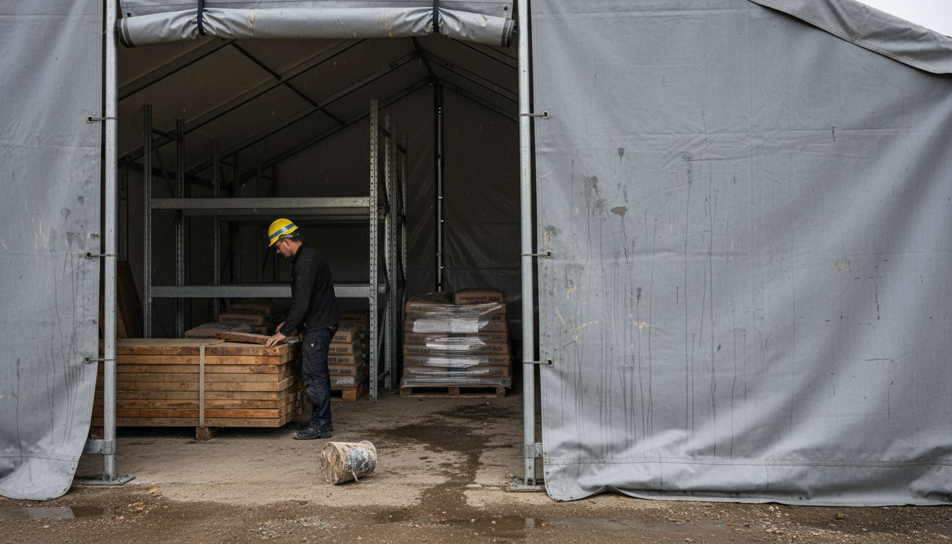 Tijdelijke opslagruimte met tentstructuren: Slim ingezet 2 Materiaal van de bouwplaats opgeslagen bij de tentconstructie