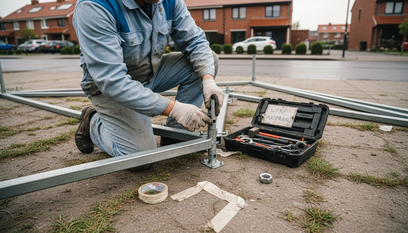 Tent Kopen in Roeselare: Juiste Keuze voor Elk Event 1 Een monteur inspecteert of het stalen frame van de tent stevig genoeg is.