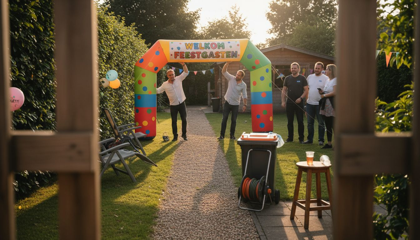 Aankomstboog: Verdubbel Je Social Media Bereik 1 Mannen plaatsen een boog als feestelijke aankleding voor het tuinfeest.