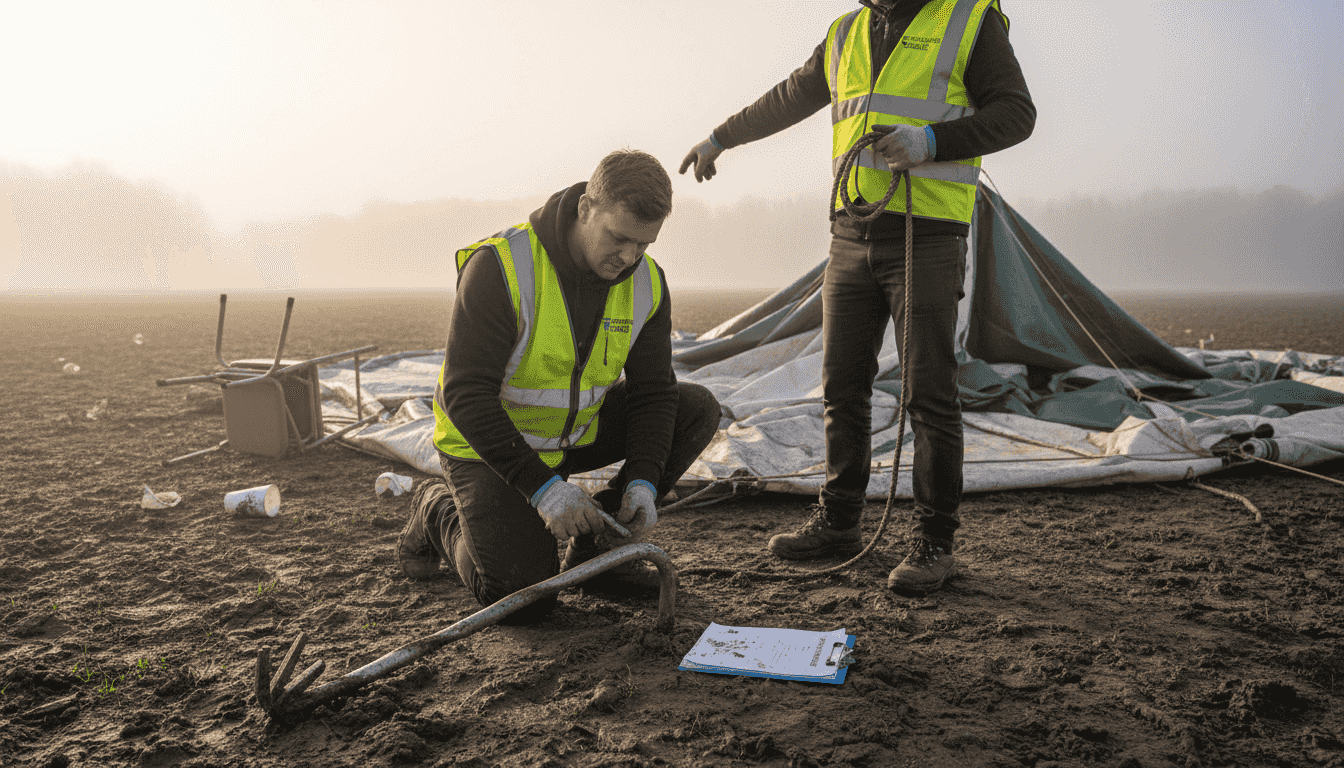 Wet van Murphy op Events: Veiligheid door Verankering 1 Technici onderzoeken de verankering van de ingestorte tent.