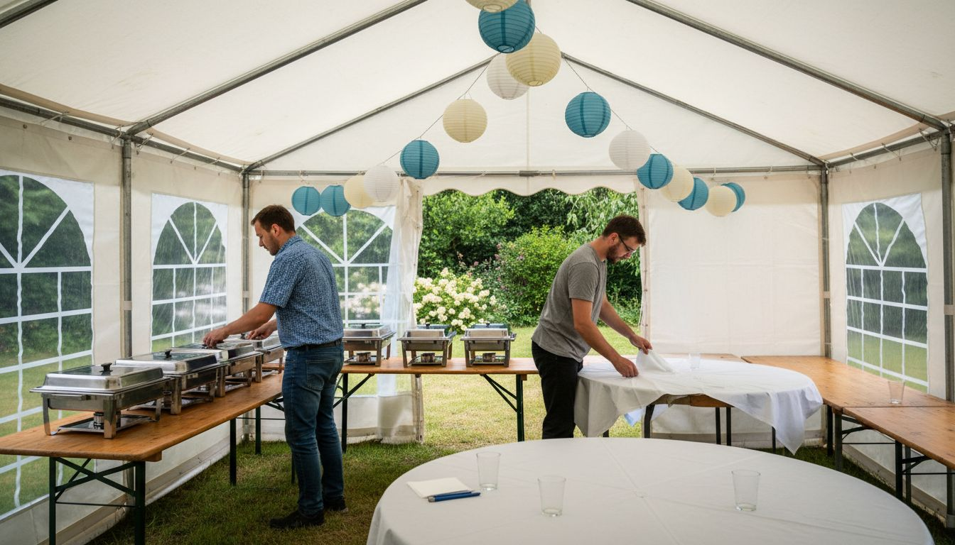 De ultieme indeling: Hoe richt je een partytent van 4X8 meter optimaal in voor 50 gasten? 1 Gezellige buffetopstelling met zitplaatsen in de feesttent