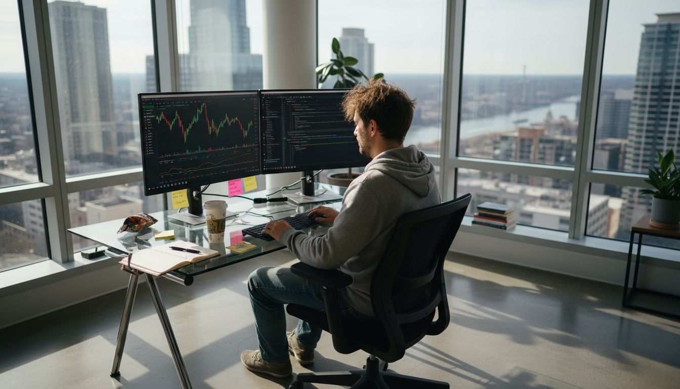 Trader coding bot with trading screens in office