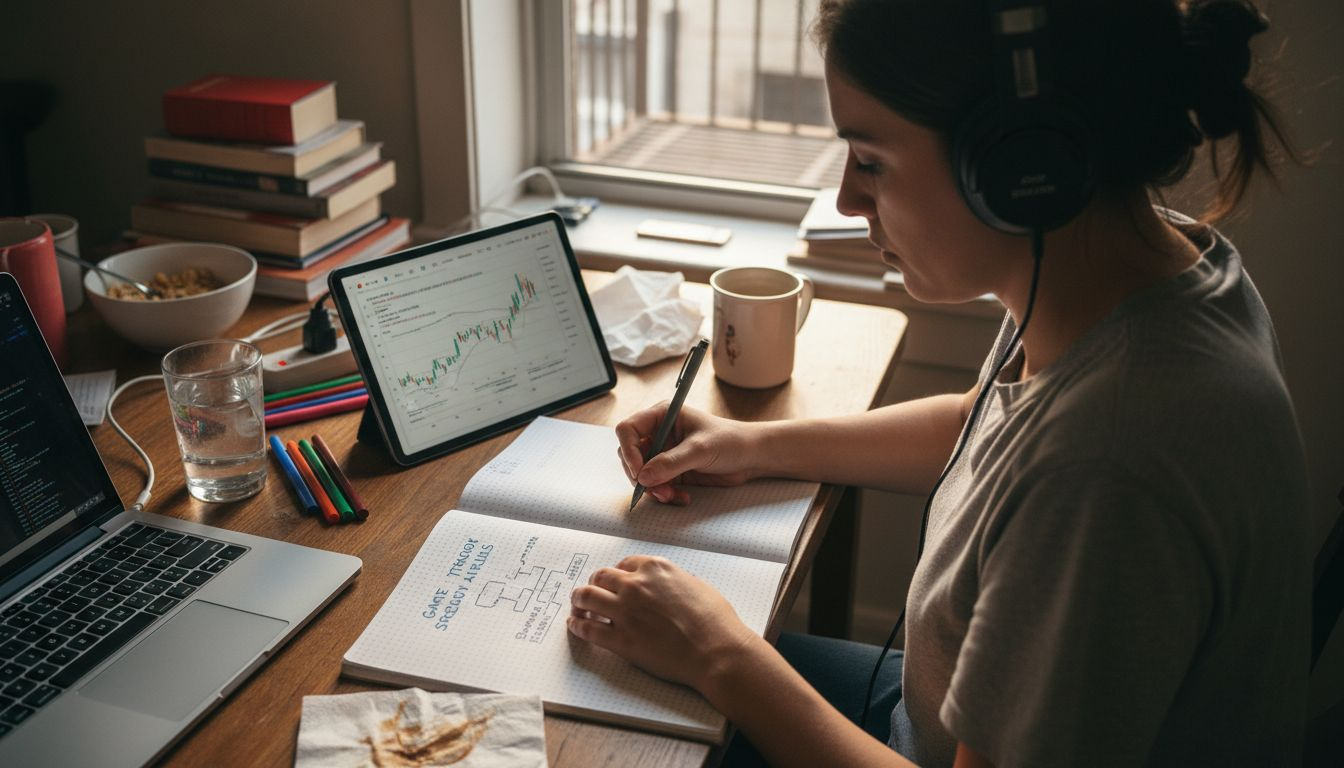 Person writing trading rules in notebook