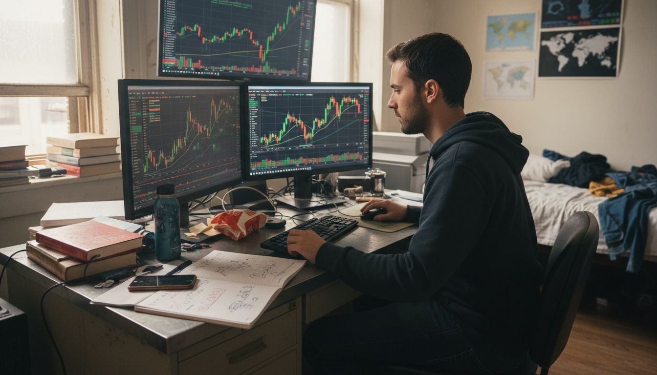 Trader scalping on dual-monitor workstation