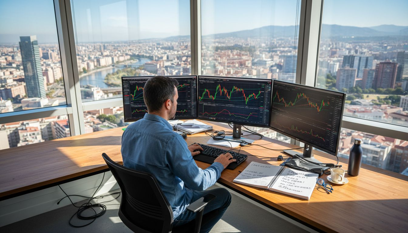 Inversor revisando gráficos de criptomonedas en su escritorio
