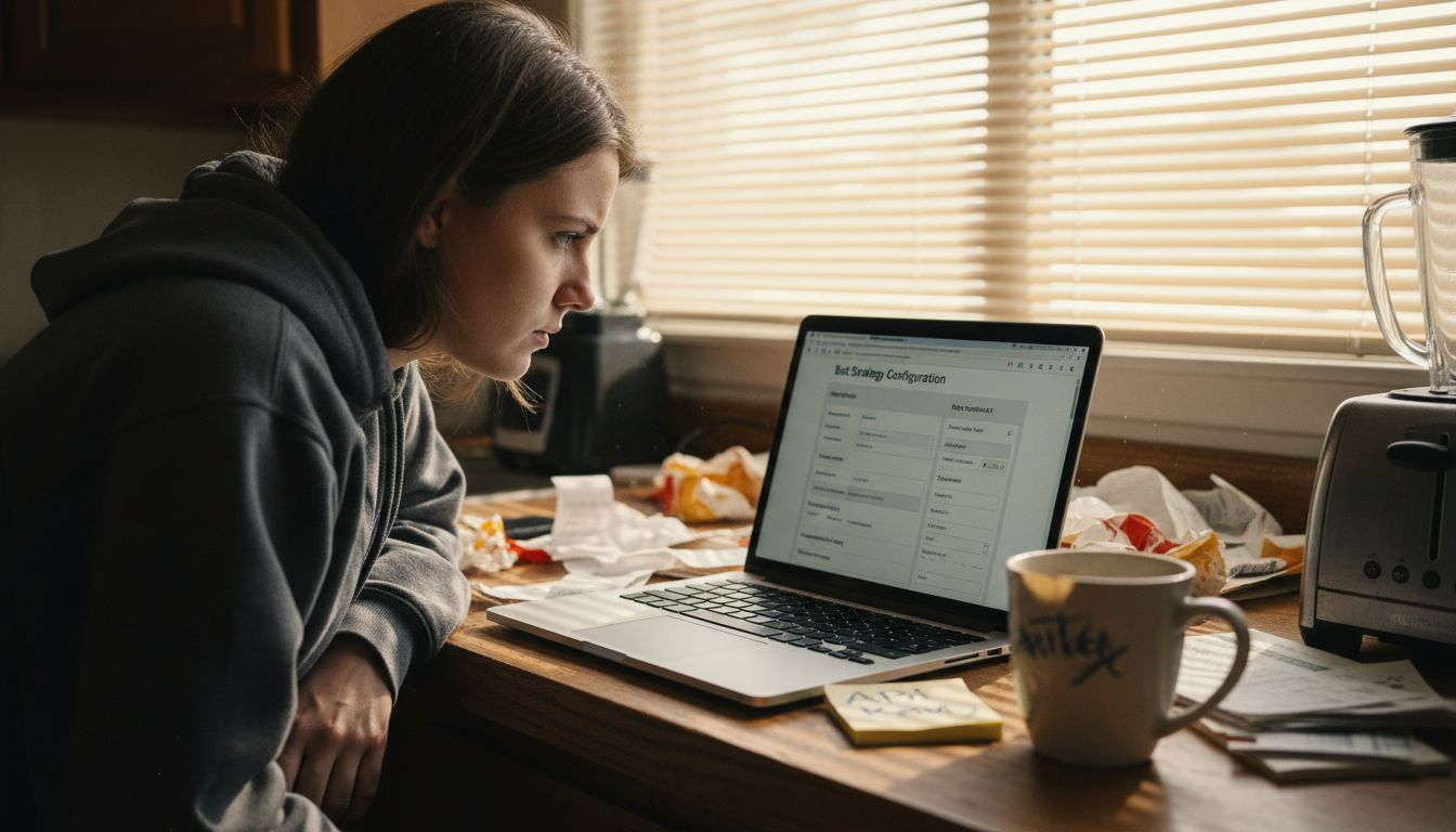 Woman configuring bot strategy in messy kitchen