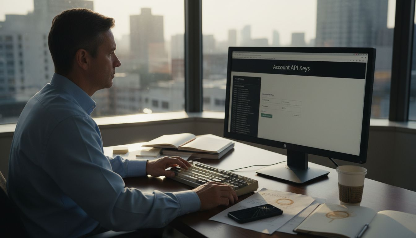 Man logging into exchange account in corner office