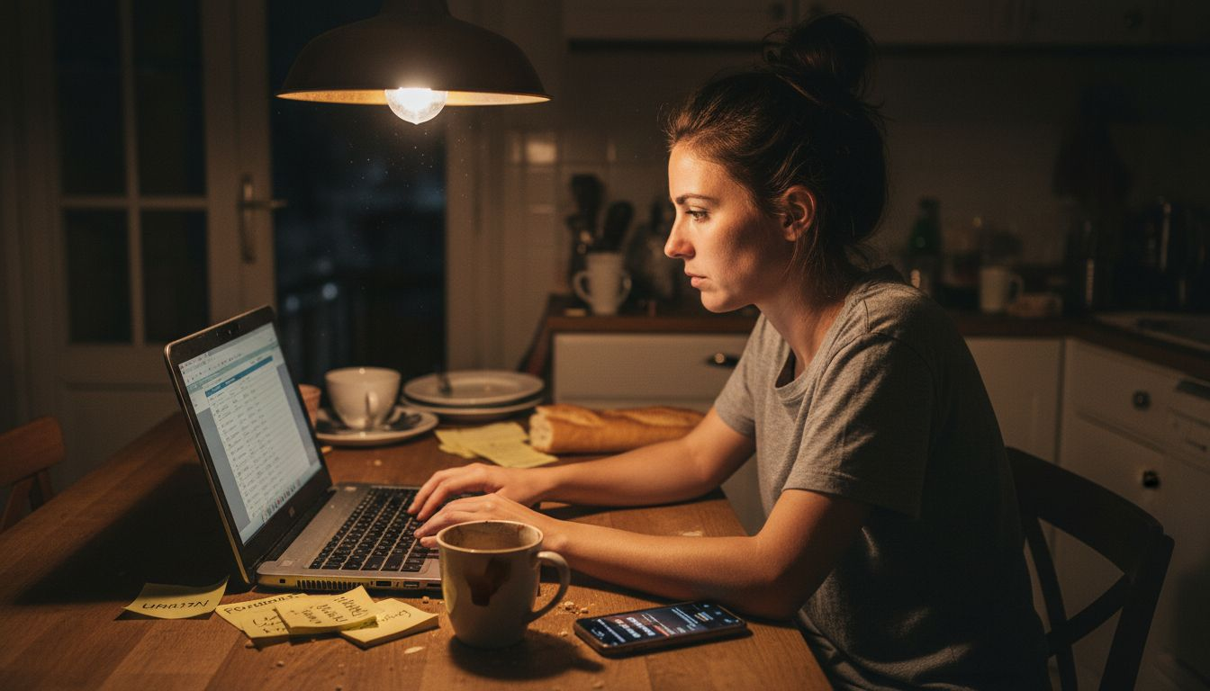Installée à sa table de cuisine, une femme organise ses commandes commerciales avec sérieux et méthode.