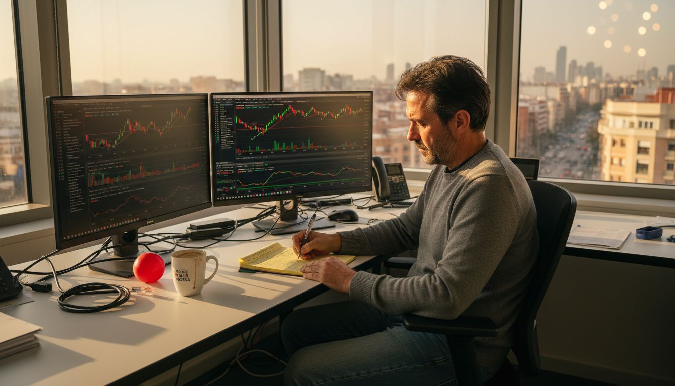 Profesional analizando criptomonedas frente a varias pantallas en su escritorio