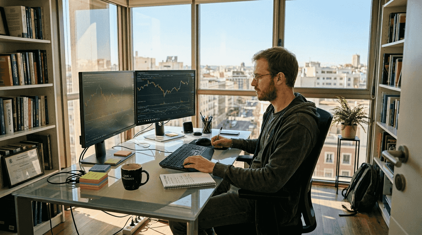 Operador revisando un espacio de trabajo con una lista de verificación de riesgos en plataformas DEX