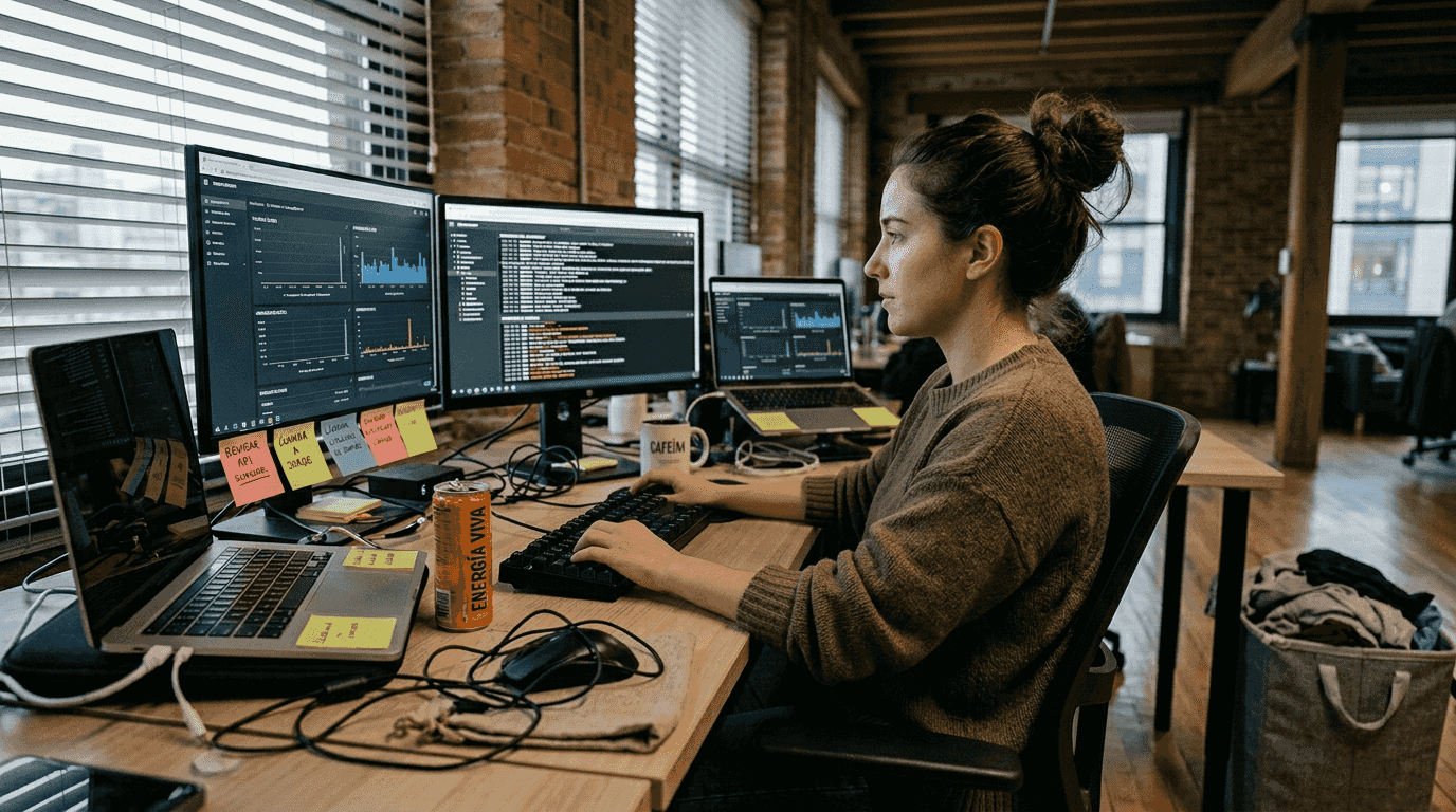 Una mujer controla el funcionamiento de un bot de criptomonedas desde varias pantallas.