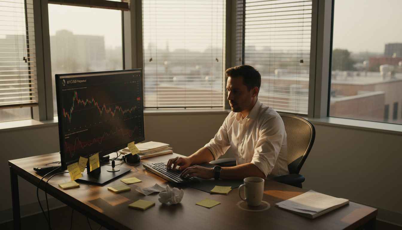Trader monitoring crypto charts in corner office