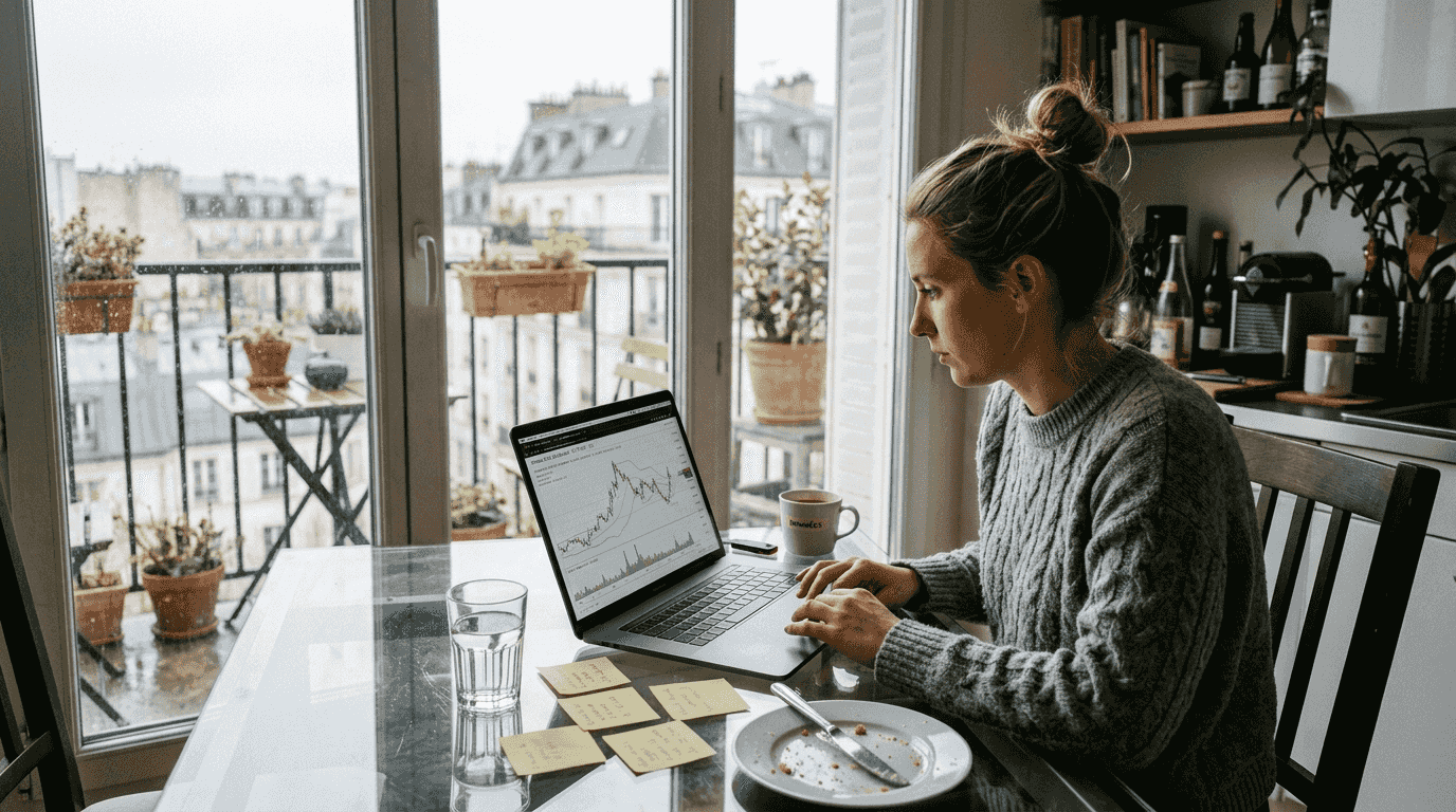 J’étudie les graphiques de volatilité sur mon ordinateur portable, confortablement installé chez moi.