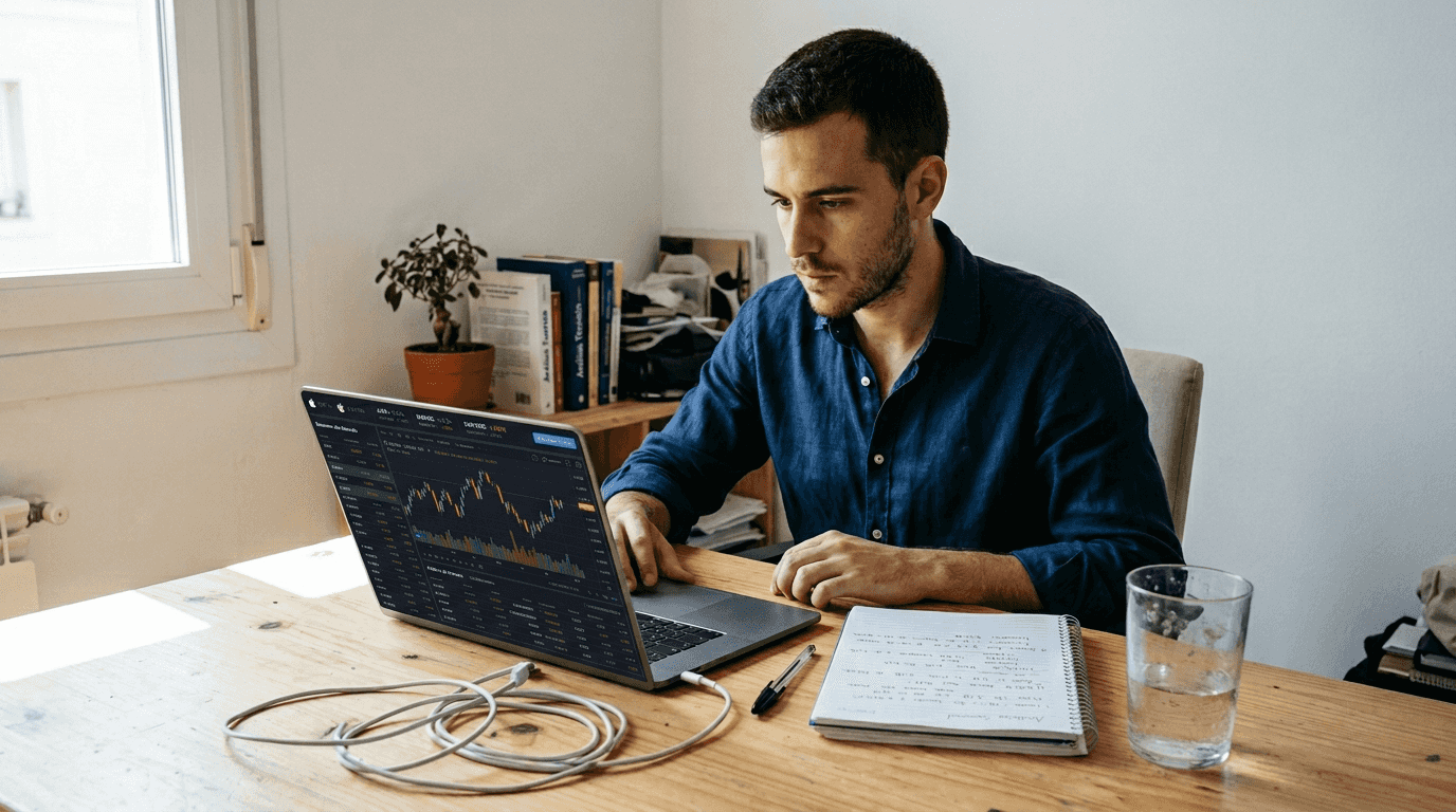 Inversionista analizando datos en su portátil para operar en una DEX