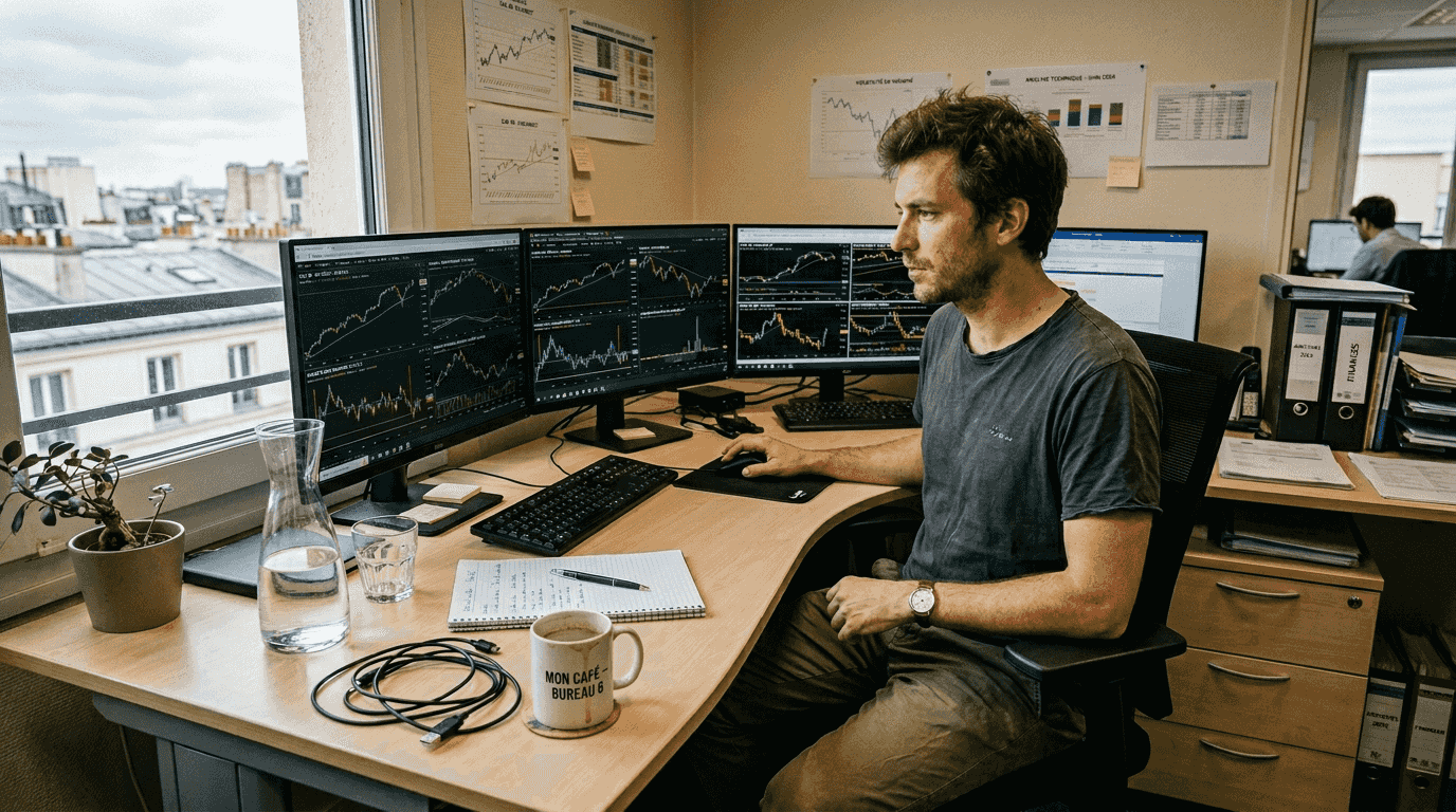 Un homme supervise en temps réel le fonctionnement d’un système de trading automatisé.