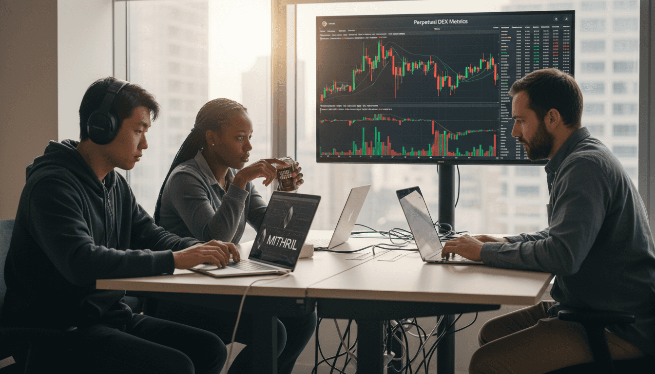 Team collaborating with DEX trading metrics dashboard