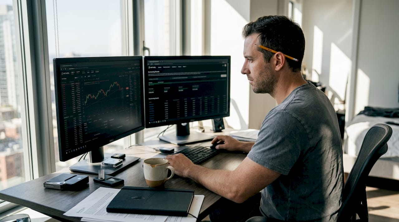 Trader reviewing crypto backtests on dual monitors