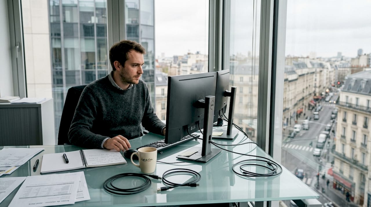 Trader en pleine analyse de plusieurs plateformes DeFi, jonglant entre deux écrans pour ne rien rater des opportunités.