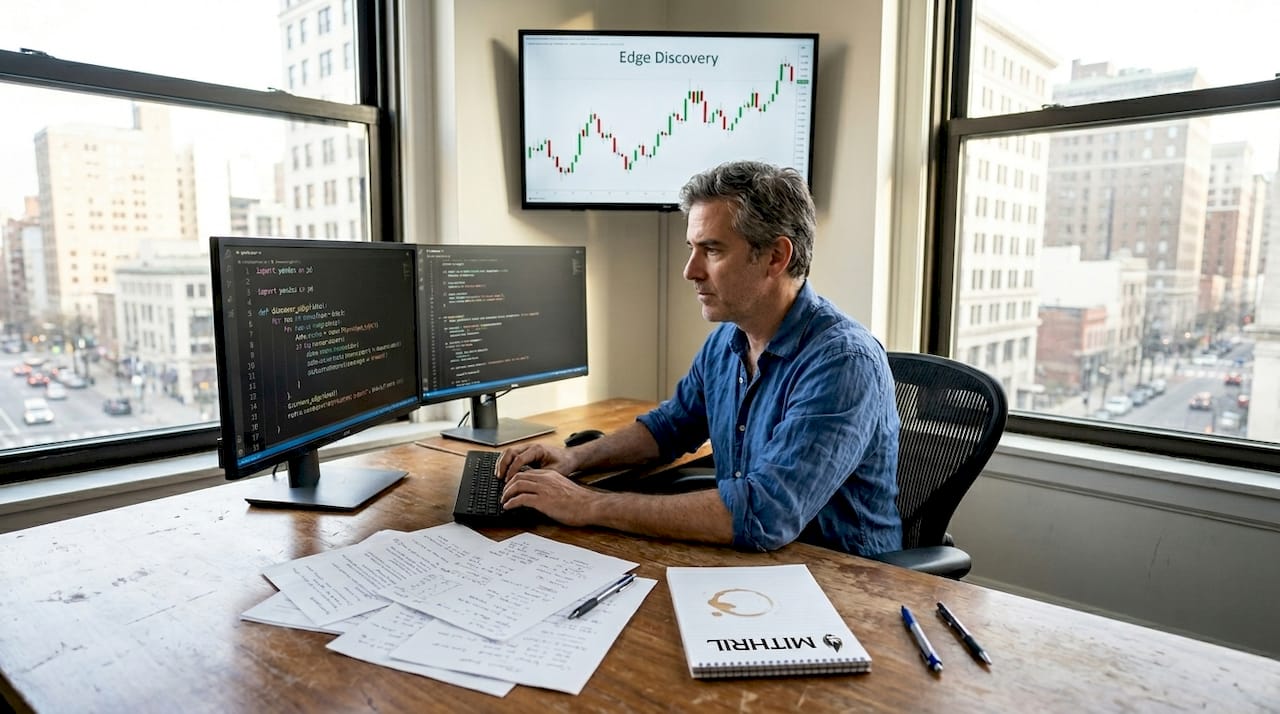 Trader analyzing edge discovery in bright office