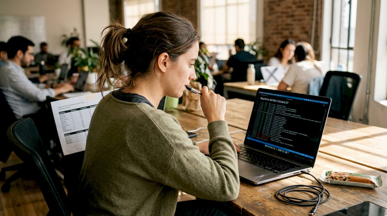 Una mujer analiza el historial de actividades de un bot de criptomonedas.