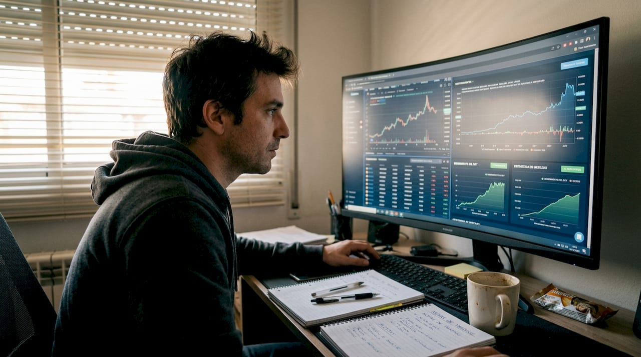 Hombre supervisando el rendimiento de su bot de DEX desde el escritorio de su casa
