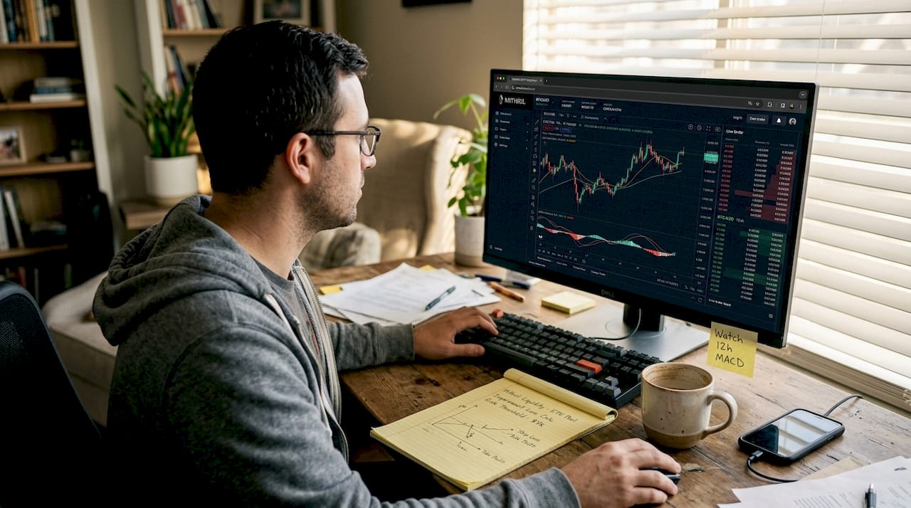 Trader monitoring perpetual DEX charts at desk
