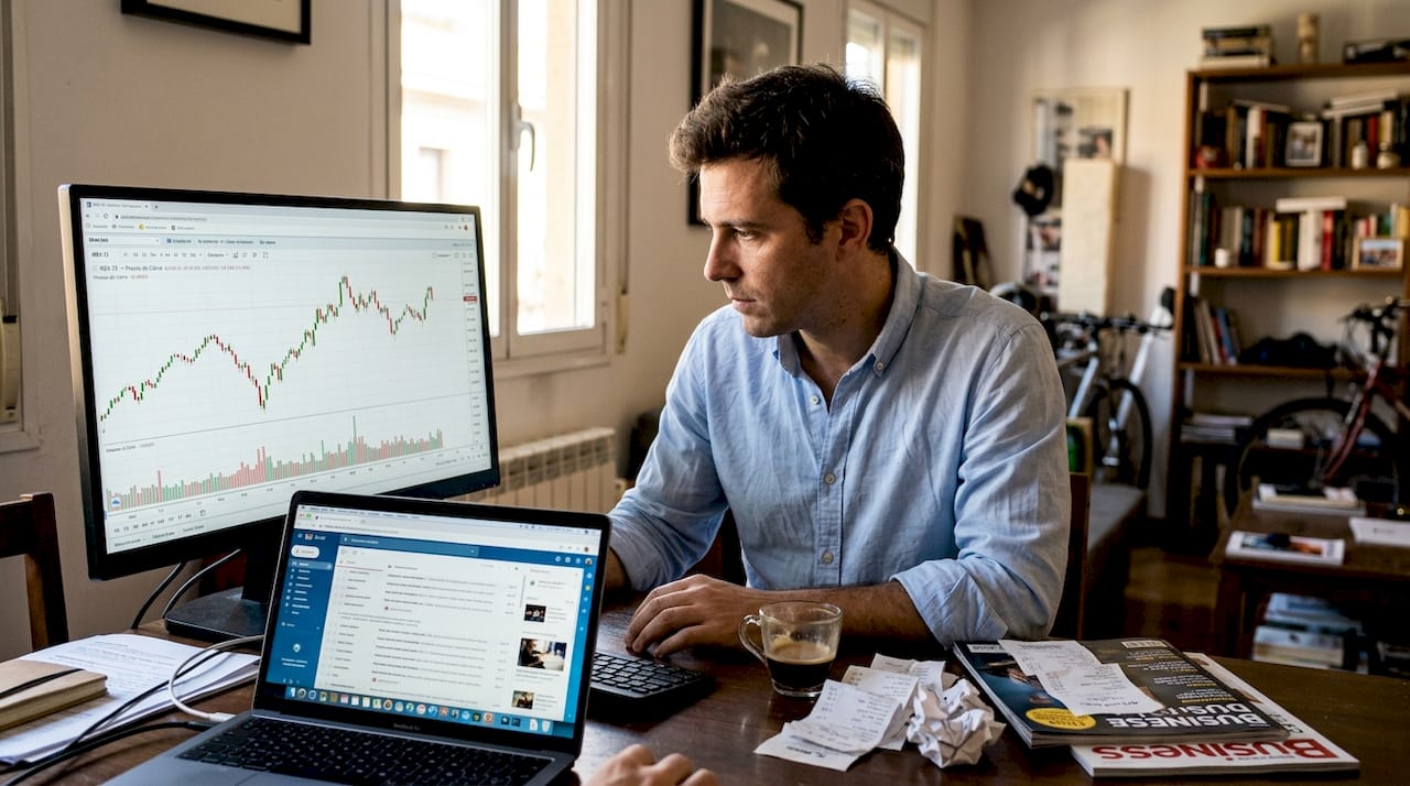 Un trader analiza gráficos desde su espacio de trabajo en casa.