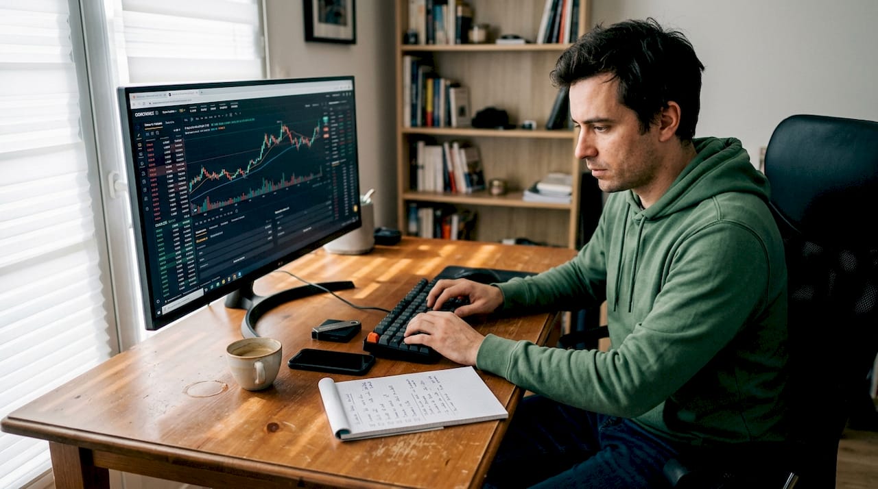 Homme concentré devant plusieurs écrans, en pleine session de trading de cryptomonnaies depuis son bureau à domicile.