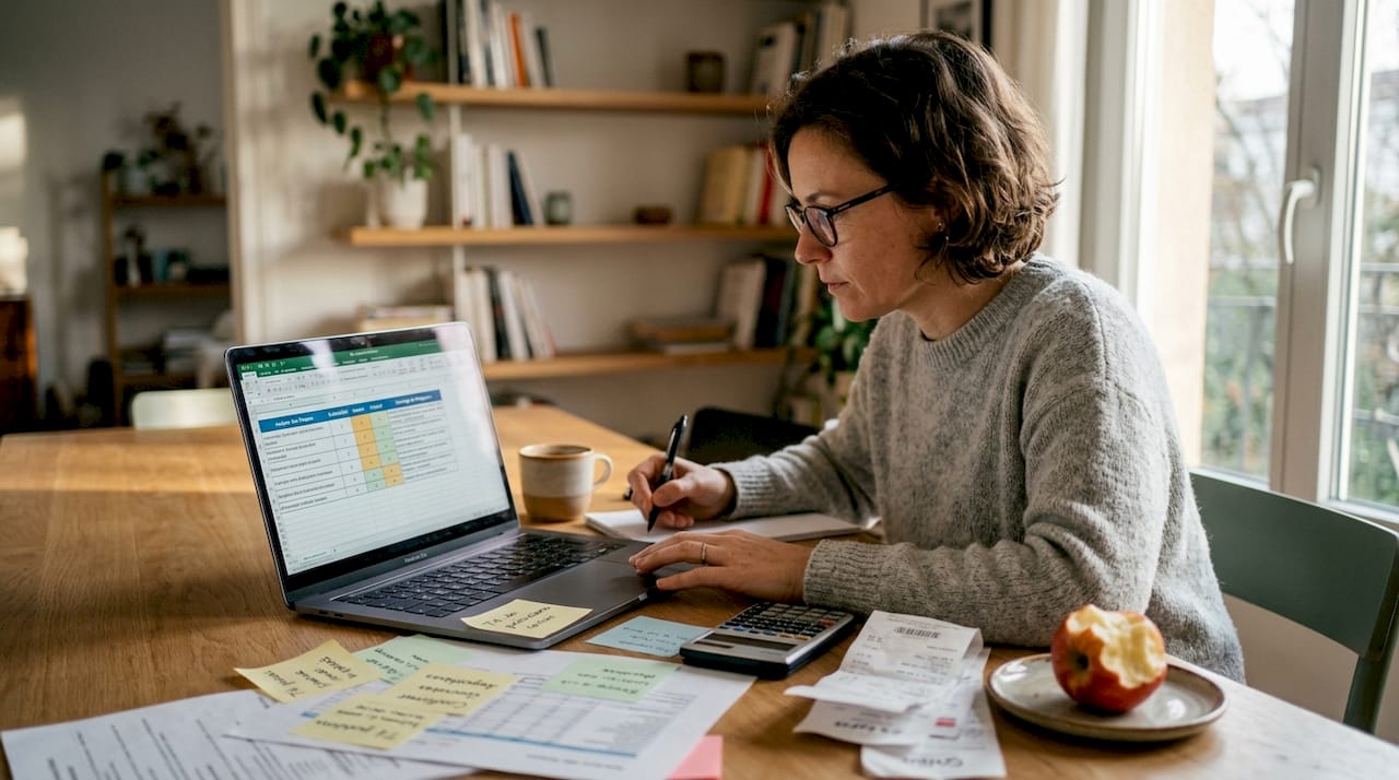 Un analyste examine attentivement des dossiers de gestion des risques, installé à son bureau.