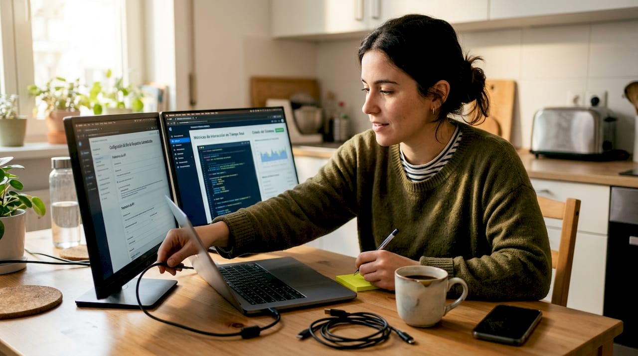 Mujer trabajando en la configuración de un bot desde su portátil, tomando apuntes mientras ajusta la interfaz.