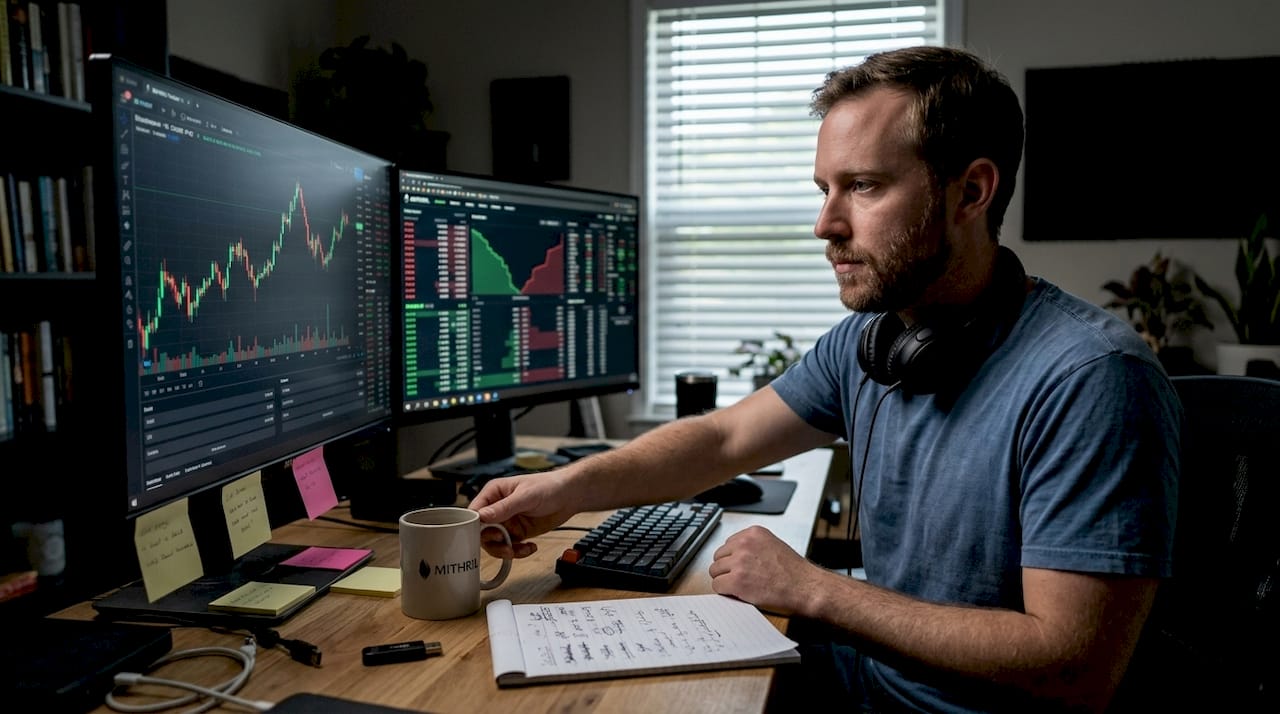 Trader checking perpetual DEX charts at desk
