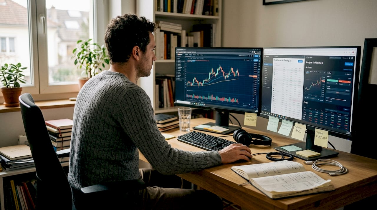Installé devant son ordinateur, un trader analyse et compare les différentes plateformes de marché pour optimiser ses choix d’investissement.