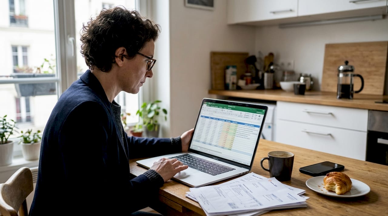 Un analyste passe en revue les performances de ses transactions, installé sur la table de la cuisine.